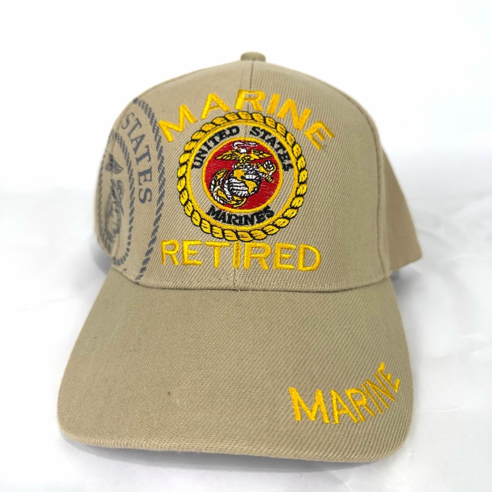 Marine Retired Veteran USA Beige with Yellow Embroidery Mens Adjustable Cap Hat